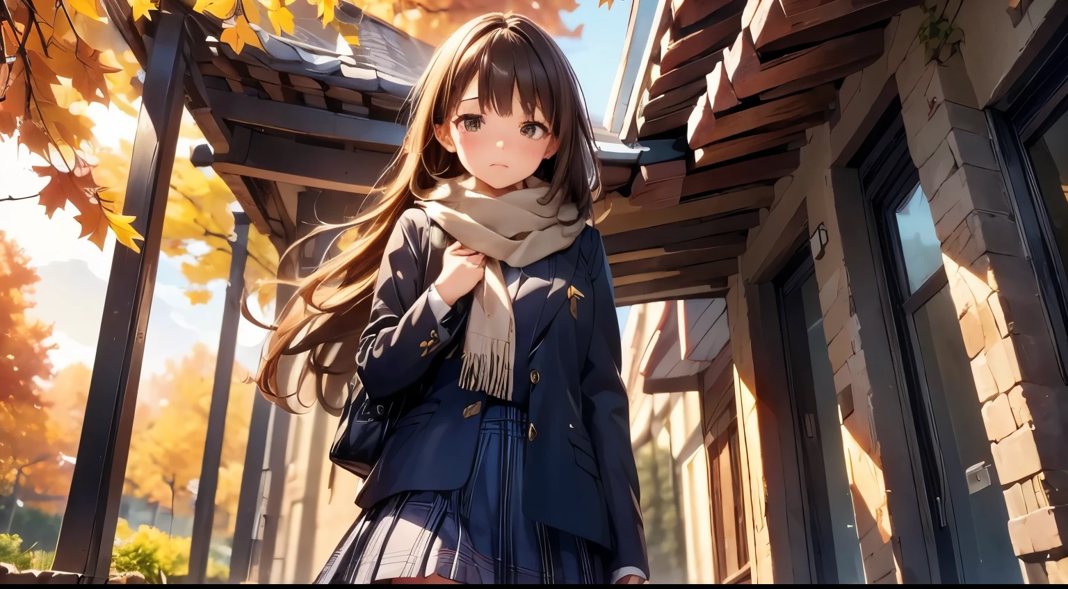 (((beautiful detailed, ultra-detailed))), (masterpiece:1.2) , (best quality:1.2) , (ultra-detailed:1.2), 1girl, solo, sad face, face looking up at the sky, standing posture, Composition up to the knees, long hair, long skirt, bag, brown eyes, brown hair, scarf, plaid, leaf, tree, autumn, autumn leaves, wind, Composition looking up from below, 