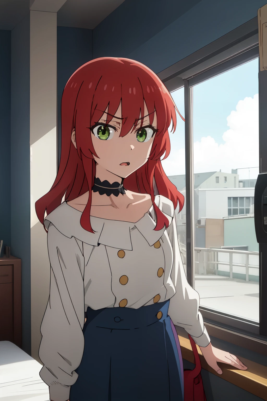 Anime background art, bottom of room, one bed, standing, beautiful anime scenes, 4K anime art wallpaper, 4k anime art wallpaper, Rosla global illumination, anime girl, 1 girl, LORA similar, best quality, detailed, alone, looking at the viewer, mouth closed, angry,  custome, definition in the eye, perfect face, red hair, green eyes.