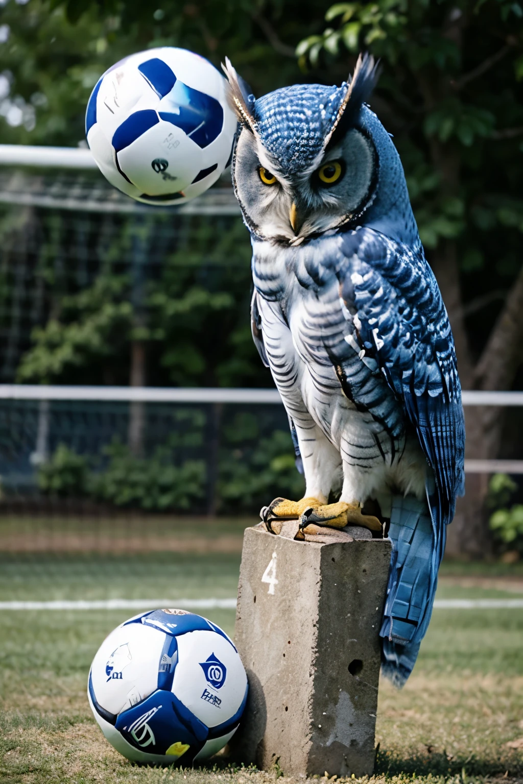 Blue owl with soccer ball on its foot