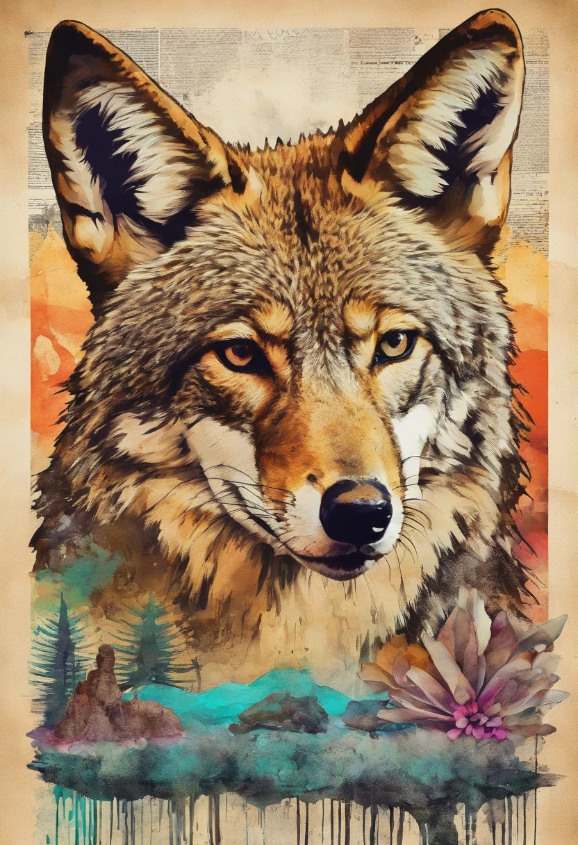 Coyote with mushrooms, desert ::2 colorful ink painting ::2 art fantasy