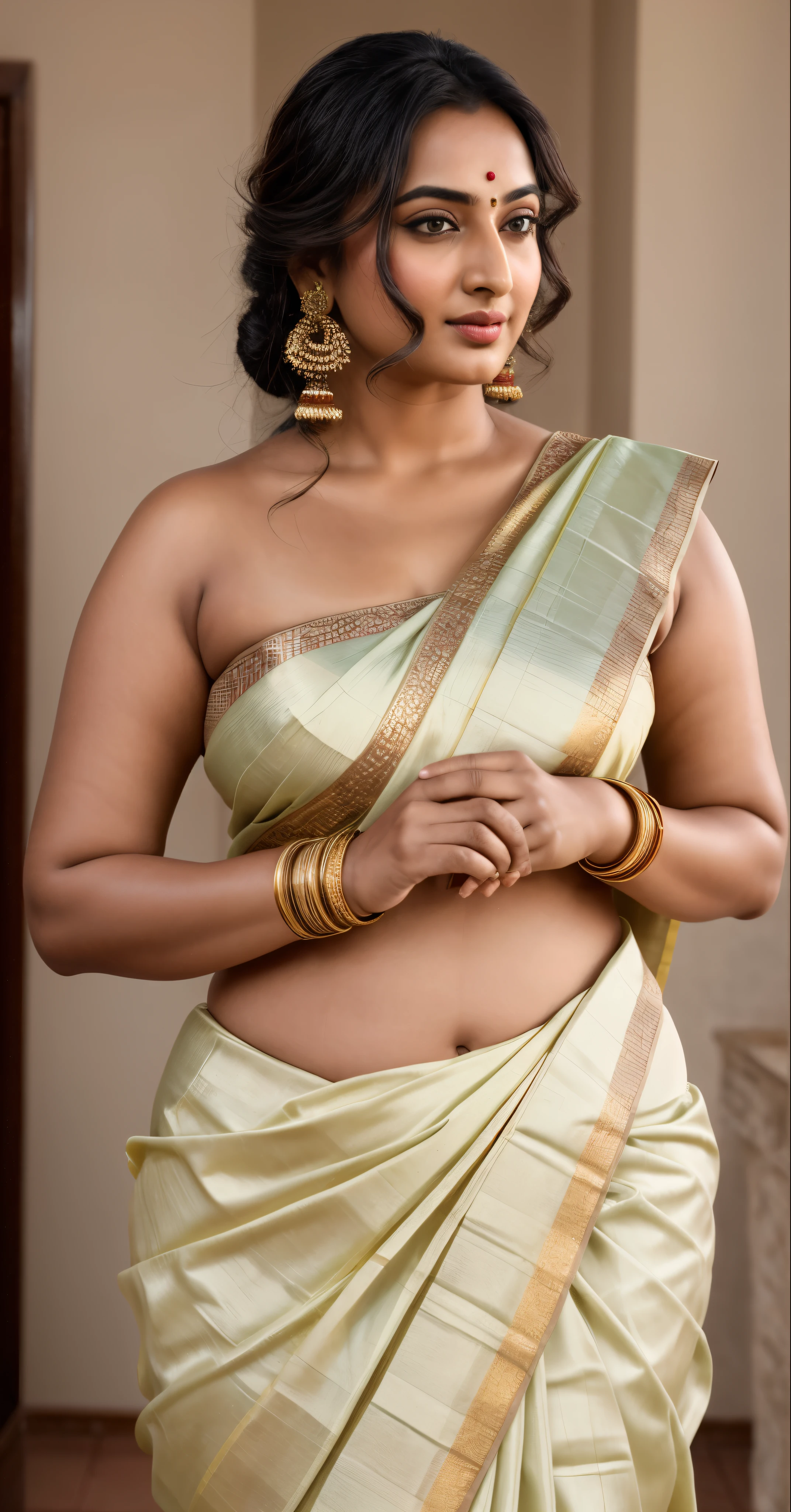 Foto RAW, photorealistic, photography, full body shot, master shot, perfect eyes, goddess like beauty, pierced eyes, perfect thick chubby mallu Desi aunty bhabhi, Wearing a Stanapatta, a chest-band.Saree model, model Photography, Indian saree shoot, Indian traditional wear advertising photography, traditional wear brand shoot, face of Indian actress Sonakshi Sinha, masterpiece, realistic, realism, incredible details, pleasure, photorealism, detailed skin, skin pores, high contrast, photorealistic Artstation 8k HD digital art trend of high definition and detailed realistic skin texture, ultra detail, realistic skin texture, armature, best quality, ultra high definition, (photorealistic:1.4),, high resolution, detail, raw photo, sweat, Re sharp, by Lee Jefferies Nikon D850 Film Stock Photo 4 Kodak Portra 400 Camera F1.6 Lens Rich Color Ultra Real Realistic Realistic Textures Dramatic Lighting Unreal Engine Trending at Art Station Cinestill 800,(pele altamente detalhada: 1.2), 8k UHD, DSLR, soft-lighting, alta qualidade, grain of film, Fujifilm XT3,she didn't like to wear blouse or bra, she is happy to wear only saree, she hates blouse or bra, detailed hairy armpits, hyper realistic skin, skin pores, sweat, veins,