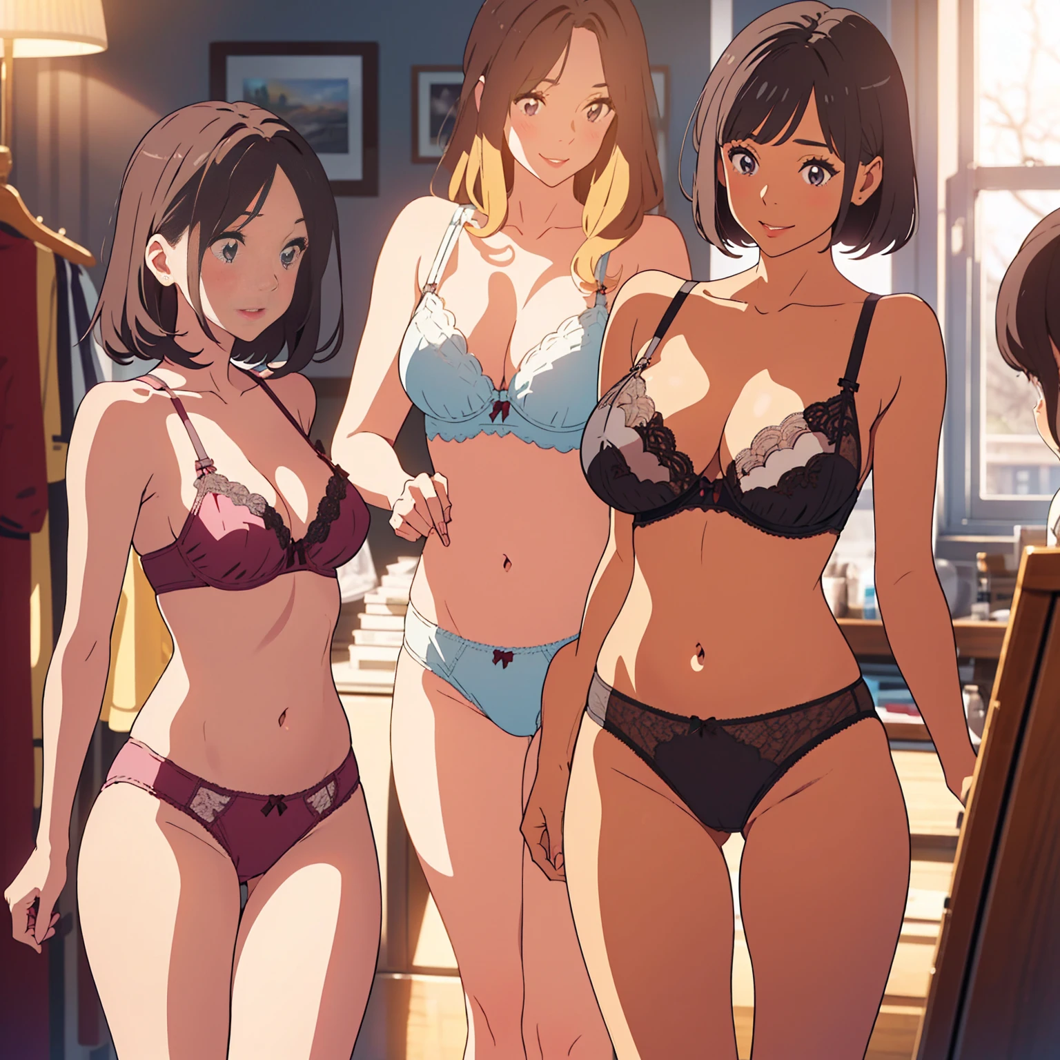 masterpiece, top quality, ((((Incredibly ridiculous)))), ((Absurd)), Extremely delicate and beautiful, Anime style, (Three mature female teachers in underwear), perfect-composition, cowboy shot, bra, panties, extremely detailed texture, (((the seams for panties crotch))), short bob cuts, lip stick, Slender figure, well-shaped nose, Double eyelids, clear and beautiful face and well-proportioned big eyes, (A smile), bloom, In dress room