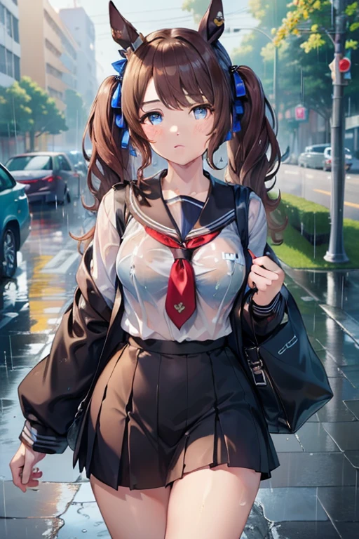 ((highest quality, 8k, masterpiece:1.3)), tosen jordan \(umamusume\) concentrated: 1.2, Perfect body beauty: 1.4, Hips: 1.2, (Wet clothes: 1.1), (rain, street:1.3), school uniform: 1.1, 