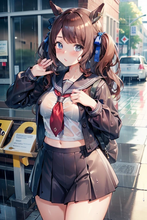 ((highest quality, 8k, masterpiece:1.3)), tosen jordan \(umamusume\) concentrated: 1.2, Perfect body beauty: 1.4, Hips: 1.2, (Wet clothes: 1.1), (rain, street:1.3), school uniform: 1.1, 