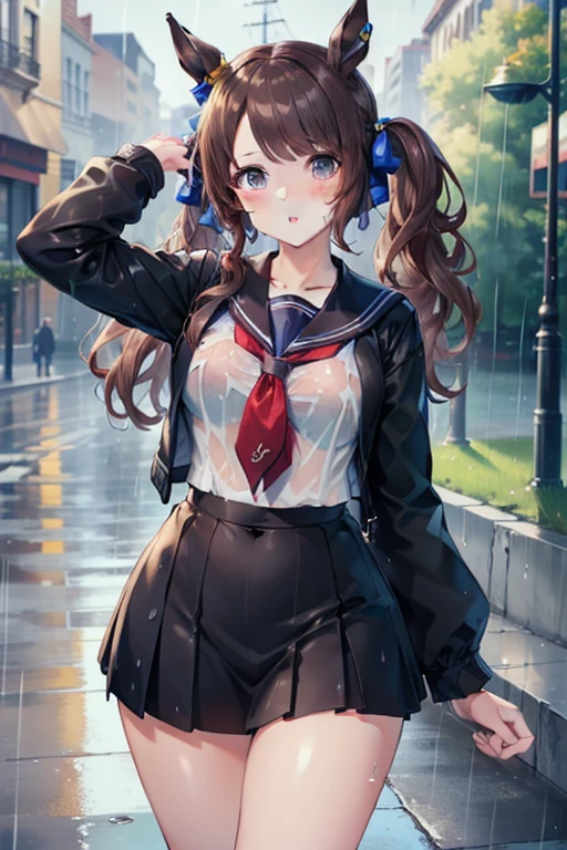 ((highest quality, 8k, masterpiece:1.3)), tosen jordan \(umamusume\) concentrated: 1.2, Perfect body beauty: 1.4, Hips: 1.2, (Wet clothes: 1.1), (rain, street:1.3), school uniform: 1.1, 