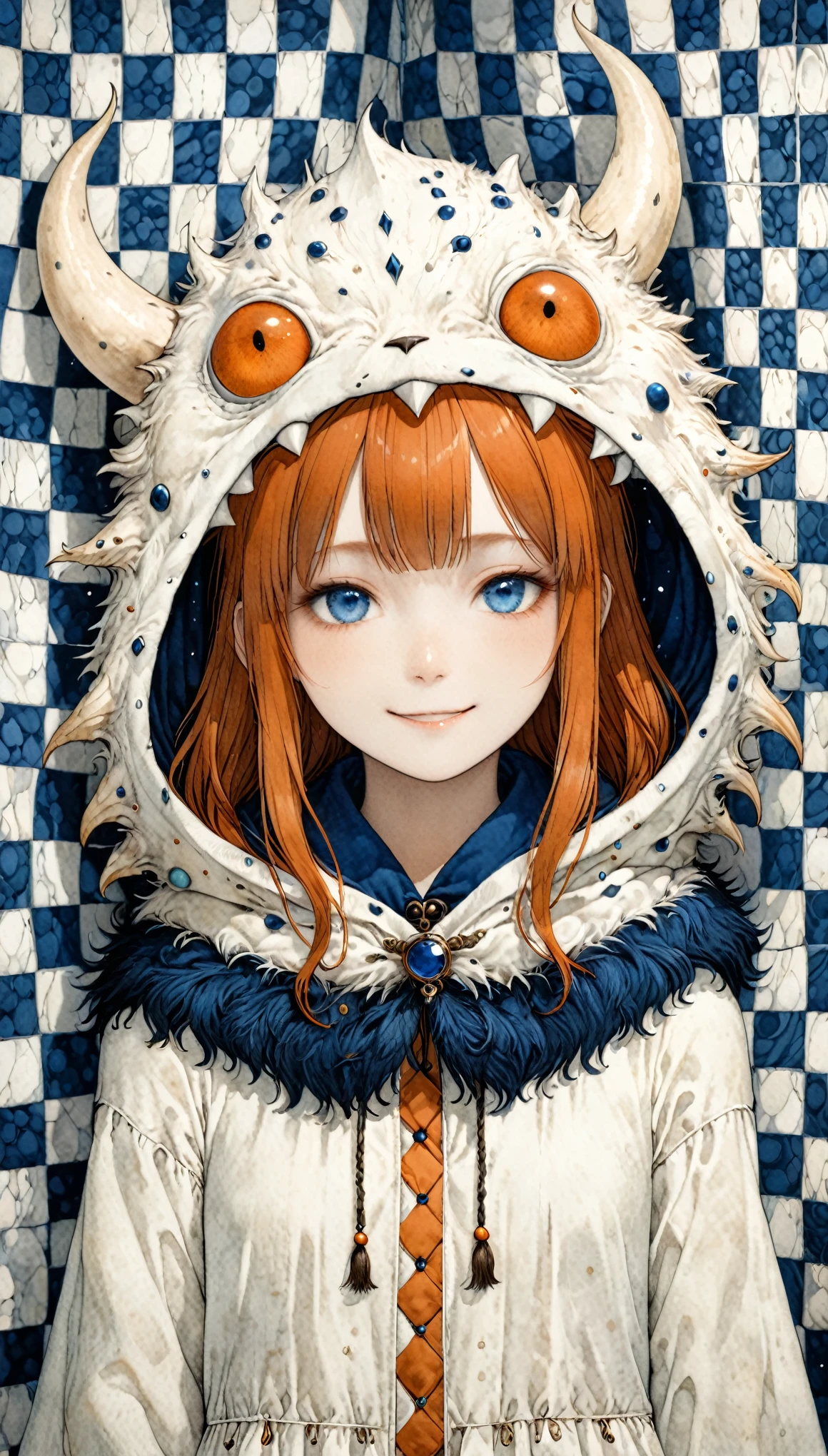 in style of John Bauer,in style of Jaehyo Lee,
blue and white checkered background,best quality,4k,8k,highres,masterpiece,ultra-detailed,surrealist style,(full_shot:1.2),negative space composition BREAK 1girl,a cute girl dressed as a monster,long darkorange hair,crazy_smile,teasing_smile,hold a monster plush hood above head with both hands,