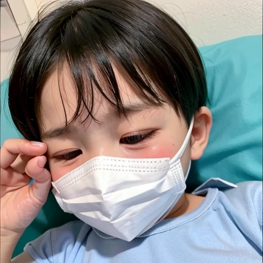 Handsome kindergarten boy with infectious disease、Appearance of suffering. He is wearing a white mask. He has a high fever. he is sleeping. He has a cough. He is exhausted. He is taking his temperature with a thermometer. He is dying. He is cooling his forehead with a cooling gel sheet..
