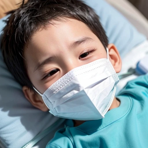 Handsome kindergarten boy with infectious disease、Appearance of suffering. He is wearing a white mask. He has a high fever. he is sleeping. He has a cough. He is exhausted. He is taking his temperature with a thermometer. He is dying. He is cooling his forehead with a cooling gel sheet..
