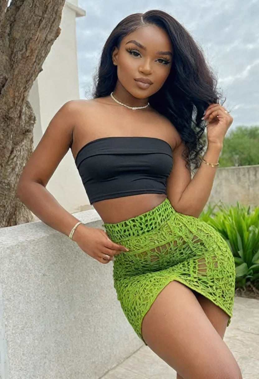 (best high quality:1.5), obra de arte, ((8k)), extremely detailed, (High details:1.4), (Hotlexi woman), Solo, 24 years old African female, (micro-skirt and crop top strapless),