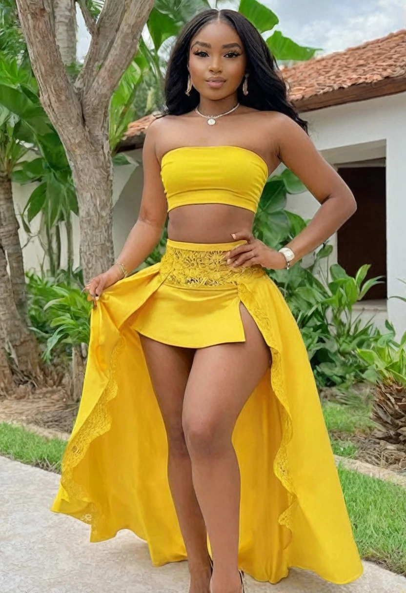 (best high quality:1.5), obra de arte, ((8k)), extremely detailed, (High details:1.4), (Hotlexi woman), Solo, 24 years old African female, (micro-skirt and crop top strapless),