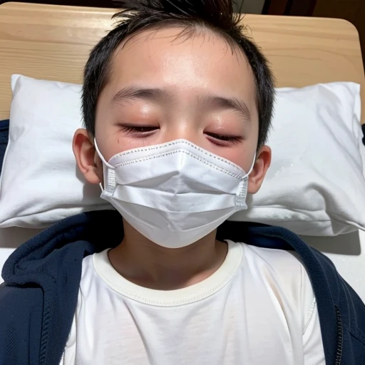 Handsome kindergarten boy with infectious disease、Appearance of suffering. He is wearing a white mask. He has a high fever. he is sleeping. He has a cough. He is exhausted. He is taking his temperature with a thermometer. He is dying. He is cooling his forehead with a cooling gel sheet..Are crying