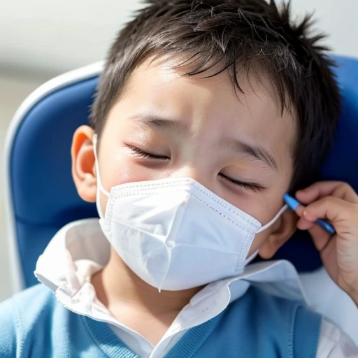 Handsome kindergarten boy with infectious disease、Appearance of suffering. He is wearing a white mask. He has a high fever. he is sleeping. He has a cough. He is exhausted. He is taking his temperature with a thermometer. He is dying. He is cooling his forehead with a cooling gel sheet..Are crying
