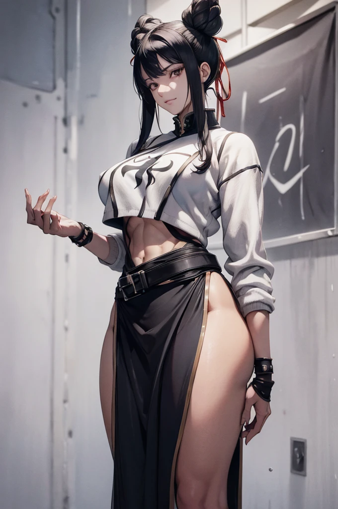 juri han,Obra de arte, melhor qualidade, agrias, gray sweater, collant preto, standing, olhando para o espectador, cabelo preto,coxas, evil smile
