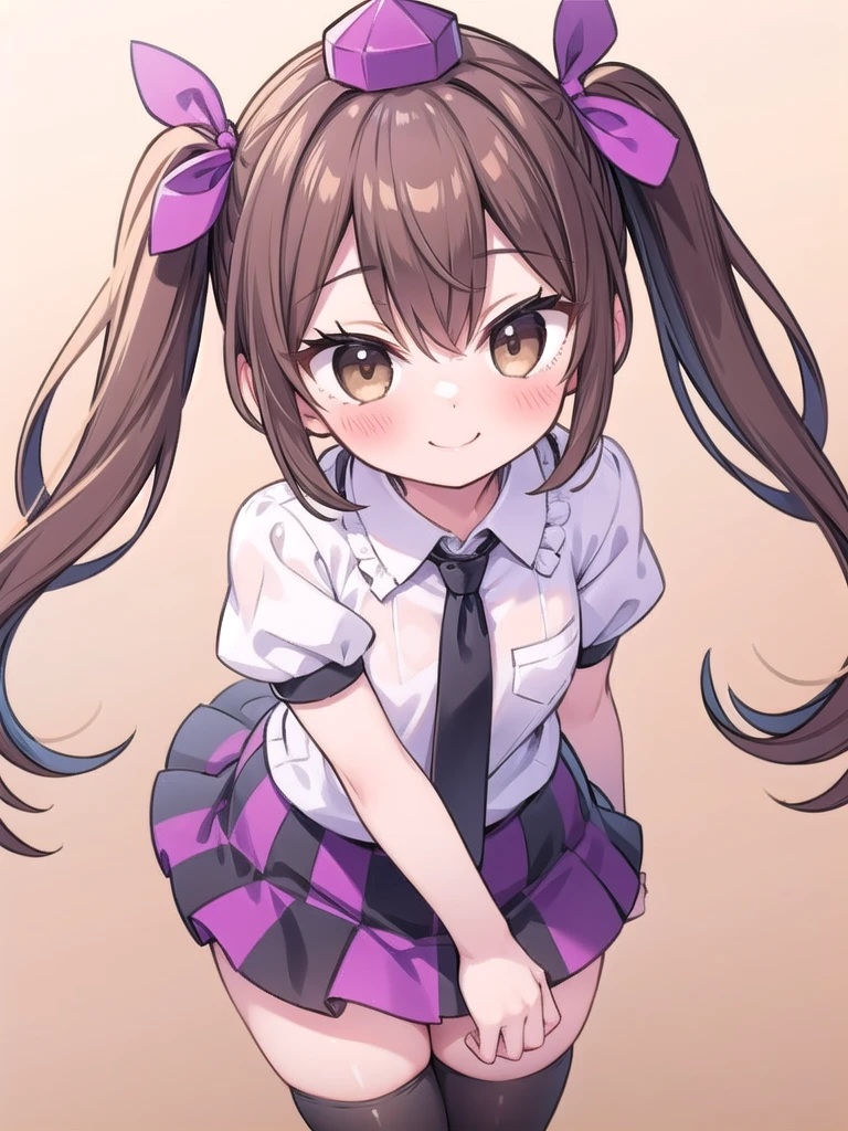 1girl, masterpiece, best quality, perfect hands, himekaidou hatate, brown hair, white shirt, black necktie, twintails, brown eyes, tokin hat, checkered clothes, hair ribbon, purple checkered skirt, phone, purple headwear, puffy short sleeves, smile, long hair, bangs, collared shirt, purple ribbon, miniskirt, blush, black thighhighs