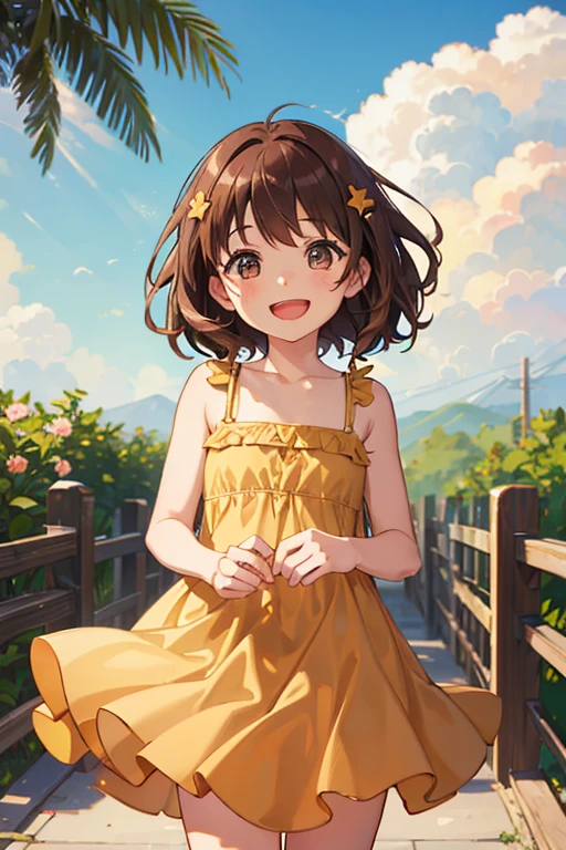 (5 year old) (brown hair) (hazel eyes) (sundress) (laughing)