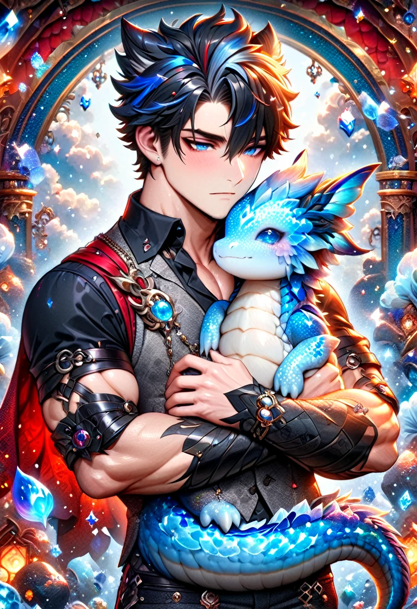 absurdres, highres, ultra detailed, HDR) master piece, best quality, Wriothesley, black hair, expressive blue eyes, genshin impact, sexy man, handsome, toned chest, black shirt, gray vest, red cape, with accessories, hugging a white small dragon, jewelry, patterns, magical fantasy, blue butterflies, glittering, sparkling, blue lilies, petals, radiant