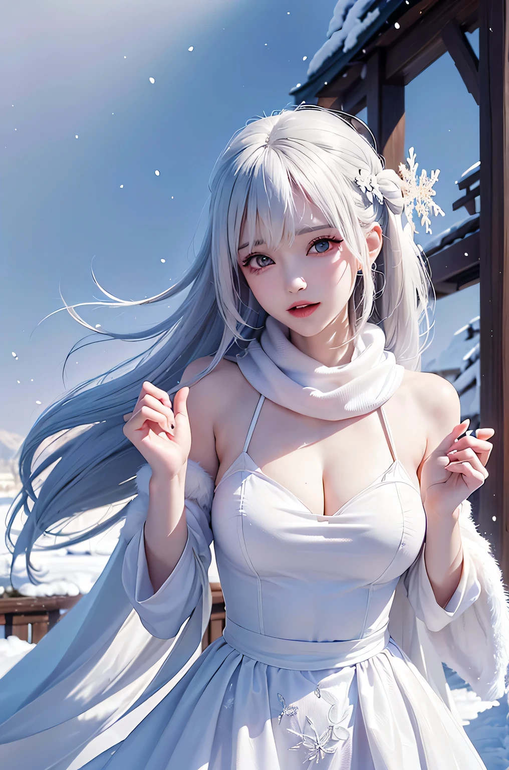 ((masterpiece:1.5、8k、Tabletop、Photorealistic and very detailed CG、Very detailed、Particle Effects、Dynamic Effects、Written boundary depth、Cinematic Light、Lens flare、Ray Tracing、Tabletop、Realistic:1.4、超A high resolution、Realistic、Realistic))((alone、,Woman wearing a fur coat over a halter dress:1.4、Wearing a long scarf、Elegant woman posing:、Detailed face、brightexpression、young, bright, Whiter skin、Ample breasts、Best Looks、Ultimate beauty、White hair with shiny highlights、Bright, shiny, super long straight hair、Hair dancing in the wind))(morning、The setting is outdoors in the snow、Snowflakes flutter)