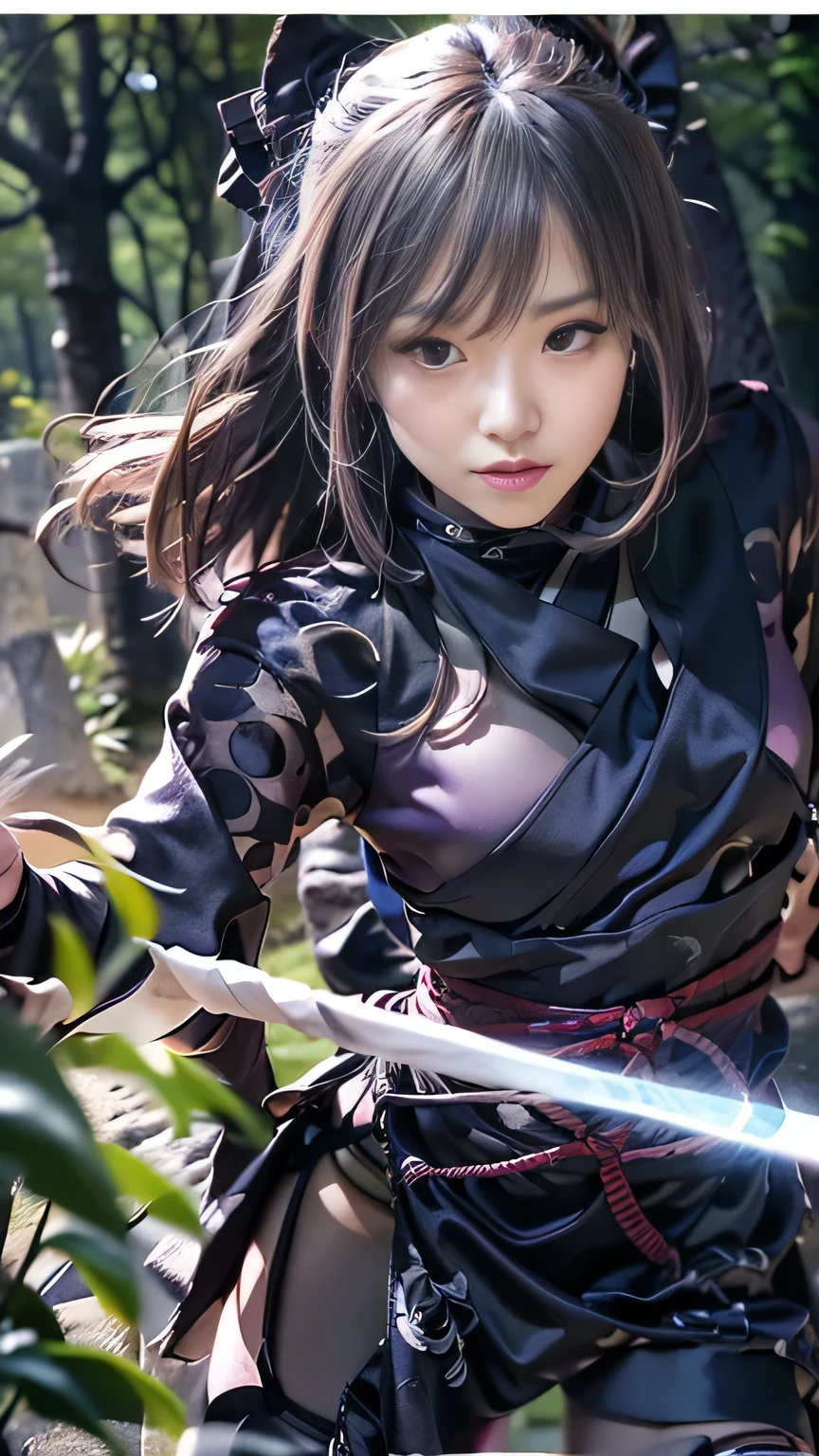 (A female ninja standing in the forest at night)、(Realistic、Like a photograph、Live Action、8k, Photorealistic, RAW Photos, Best image quality: 1.4), Single-lens reflex camera、RAW Photos, highest quality, Realistic, Highly detailed CG Unity 8k wallpaper, Written boundary depth, Cinematic Light, Lens flare, Ray Tracing, Realistic background、((waso:1.5、ninjya:1.3、kunoichi:1.4)、Sexy Ninja:1.37、Get into a fighting stance:1.3、Ninjutsu activation:1.2、Trained abdominal muscles、Cleavage、Big Breasts)、Grey Hair、short hair、Standing in the forest、Night Village、((Ultra-dense skin))、 1 girl,Cute Kunoichi、((whole body:1.5)，Looking at the audience:1.1、Glare、I like that style、Pay attention to the details、The perfect outfit、(White skin)、An accurate portrait、Accurate Arm、Accurate feet、Beautiful legs、Precise thighs、View from the front