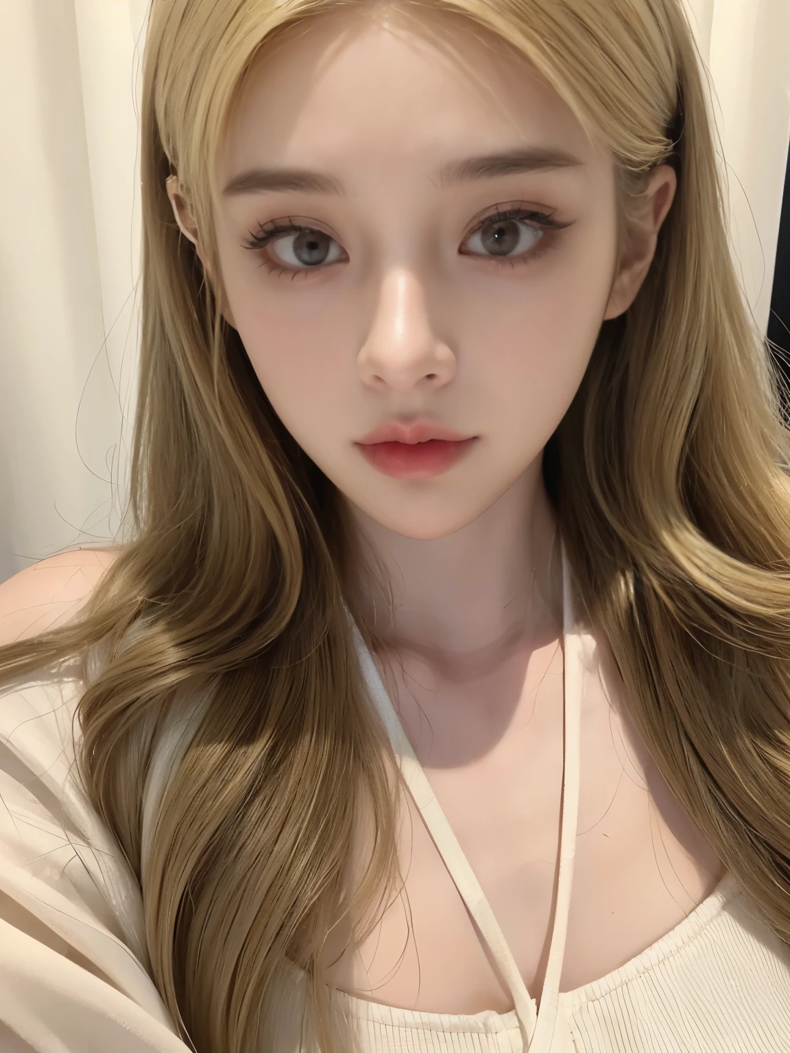 pretty girl with slanted eyes, thin lips and thin nose, With blonde hair