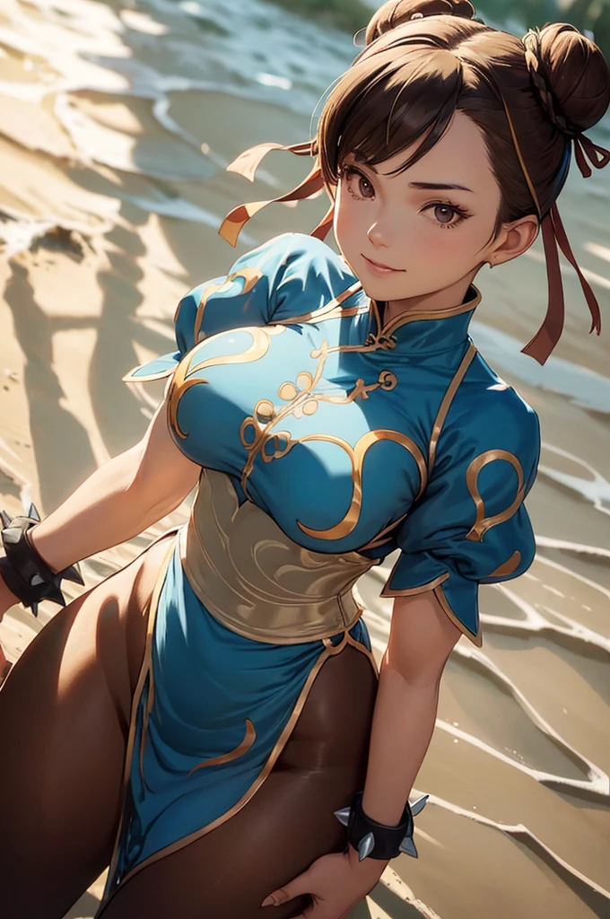 1girl, (solo:1.2), (standing:1.3), (interacting:1.3), (cowboy shot:1.5), (curvy:1.2), smile, happy, at ease, (masterpiece:1.3), (best quality:1.3), (perfect anatomy:1.4), highly detailed, (tropical beach:1.3), palm trees, azure blue water, daylight, summer,, chun li, brown eyes, short hair, brown hair, double bun, bun cover, blue dress, pelvic curtain, spiked bracelet, sash, brown pantyhose, hoodxart, (muted colors:1.2), smooth textures, soft shading, (sharp contrast:1.2), anime style, (simplistic lineart:1.2)