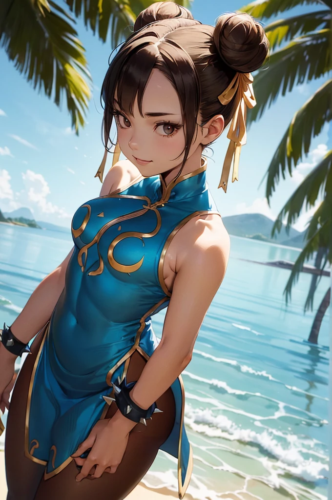 1girl, (solo:1.2), (standing:1.3), (interacting:1.3), (cowboy shot:1.5), (curvy:1.2), smile, happy, at ease, (masterpiece:1.3), (best quality:1.3), (perfect anatomy:1.4), highly detailed, (tropical beach:1.3), palm trees, azure blue water, daylight, summer,, chun li, brown eyes, short hair, brown hair, double bun, bun cover, blue dress, pelvic curtain, spiked bracelet, sash, brown pantyhose, hoodxart, (muted colors:1.2), smooth textures, soft shading, (sharp contrast:1.2), anime style, (simplistic lineart:1.2)