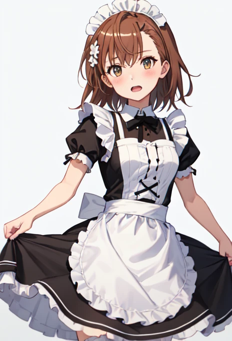 best quality, masterpiece, highres, solo, (misaka_mikoto_bluearchive:1.10), 1girl, enmaided, blush, maid headdress, maid apron, black dress, frilled apron, thighhighs, white apron, bow, looking at viewer, ribbon, short sleeves, simple background, white background, zettai ryouiki, detached collar, open mouth, puffy sleeves, 10 