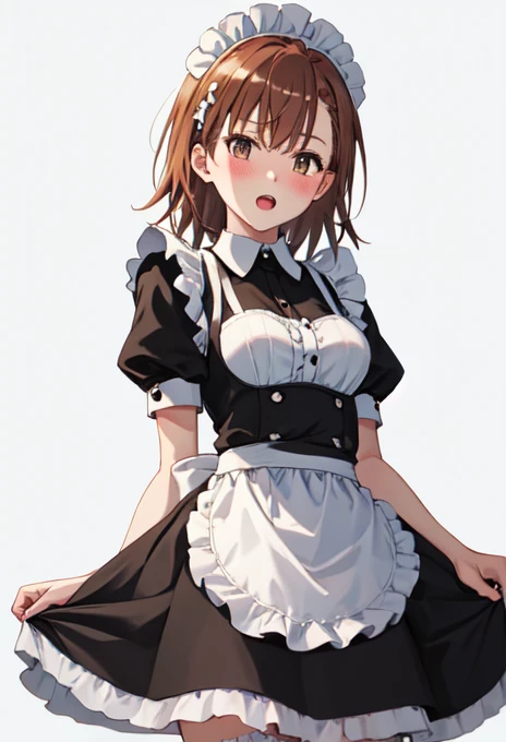 best quality, masterpiece, highres, solo, (misaka_mikoto_bluearchive:1.10), 1girl, enmaided, blush, maid headdress, maid apron, black dress, frilled apron, thighhighs, white apron, bow, looking at viewer, ribbon, short sleeves, simple background, white background, zettai ryouiki, detached collar, open mouth, puffy sleeves, 10 