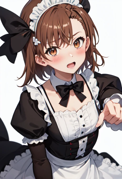 best quality, masterpiece, highres, solo, (misaka_mikoto_bluearchive:1.10), 1girl, enmaided, blush, maid headdress, maid apron, black dress, frilled apron, thighhighs, white apron, bow, looking at viewer, ribbon, short sleeves, simple background, white background, zettai ryouiki, detached collar, open mouth, puffy sleeves, 10 