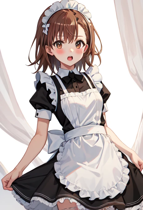 best quality, masterpiece, highres, solo, (misaka_mikoto_bluearchive:1.10), 1girl, enmaided, blush, maid headdress, maid apron, black dress, frilled apron, thighhighs, white apron, bow, looking at viewer, ribbon, short sleeves, simple background, white background, zettai ryouiki, detached collar, open mouth, puffy sleeves, 10 