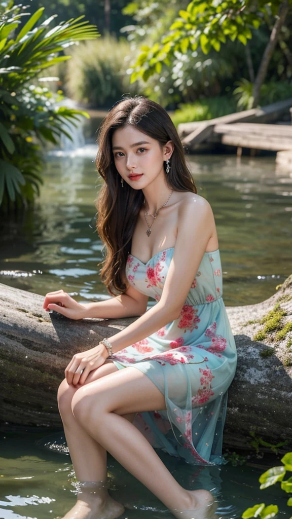 8K, ultra hd, masterpiece, very realistic, 1 girl, good face, very long hair, detailed eyes, detailed lips, super round medium breasts, Short Strapless Tulle Beads Prom Dress Green Mini Elegant 3D Flowers, ((pink,red,blue,black,green,meroon,purple,yellow colour random dress)), ((High resolution Dress Quality)), diamonds, jewellery, necklace, earring, lake, landscape, sitting, Bridge, Forest , standing in lake water , legs in water, Pine trees , Perfect body figure, Beautiful Smile, Cinematic photography, Sexy angles, Stylish poses, 4 Different poses, 64k , high resolution picture quality, very clear body figure, Flowers in hand, Flowers on Hair, walking in water, waterfalls