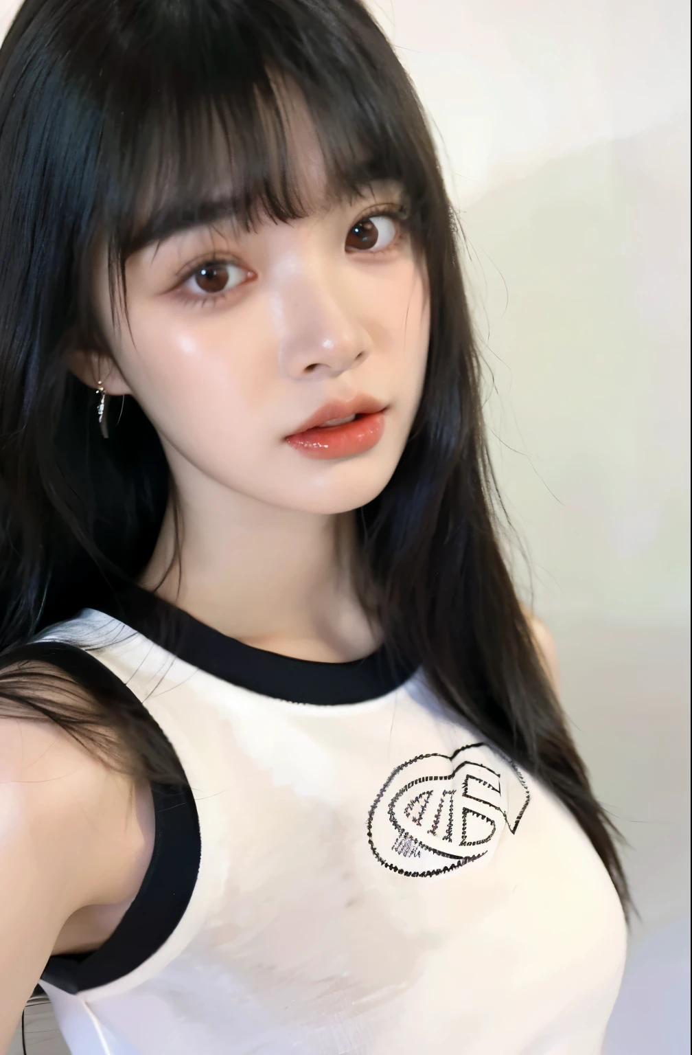 Close up of woman with long hair wearing white shirt, She has black hair with bangs., cute and slim face girl, 🤤 girl portrait,  korean, Brutal Korean Goth Girl, White hime cut hairstyle, Best Face, Larisa Manoval, With long hair and sharp eyes,  animation in reality, Black Hime Hair Cut