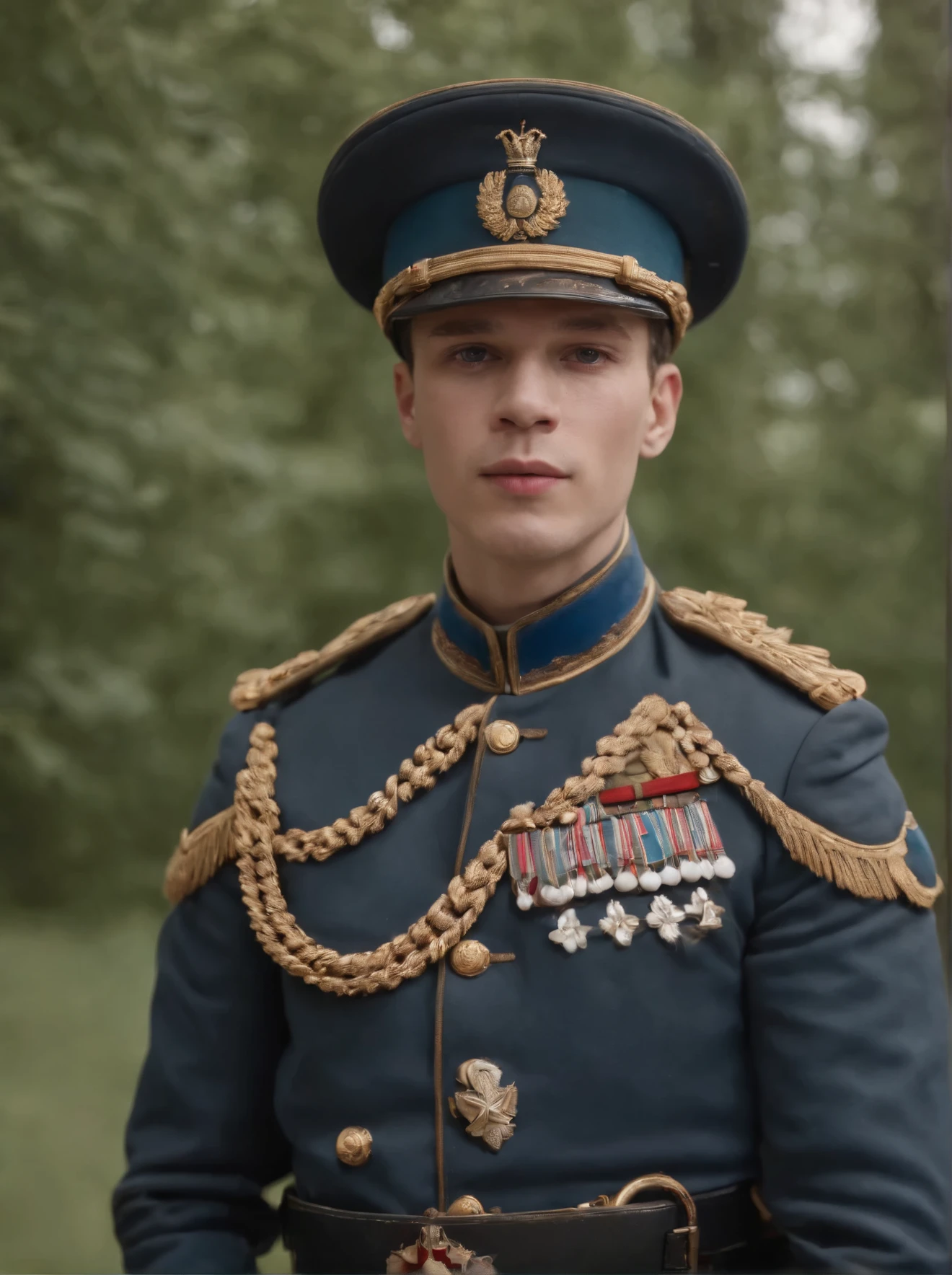 a close up of a man in a military uniform posing for a picture, a colorized photo inspired by Serhii Vasylkivsky, tumblr, art nouveau, young tsar, nicholas ii of russia, beautiful androgynous prince, great emperor of russian empire, delicate androgynous prince, imperial russia, beautiful young prince, president of belorussia
