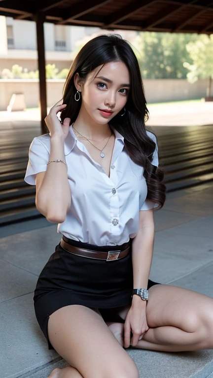 (High resolution 8K, Masterpiece, Only the best quality complicated details Chromatic aberration) realistic ((small breasts)) Hair strewn in one eye., 
Very large round silver earrings worn on the ear., Diamond Choker, necklaceพลอยแดง, medium sized silver necklace, bracelet, Many bracelets, leather strap watch, Anklet, Waist necklace, stilettos,
 Sharp eyes,  necklace, (Symmetrical eyes), (Perfect symmetrical body), (Photo of a beautiful 19 year old teenage girl.), Beautiful and charming with contemporary fashion paintings as well., looking at the audience, 
 ((Sitting in a red five-tiered amphitheater behind a large glass room.)), ((black short skirt)), (((Wear a blue shirt over it.)),  (White short sleeve shirt), (open chest), no bra.), (open chest), (soft breasts)), 
(Long square leather belt buckle), Put your hands down, (Light brown golden blonde bob, large spiral curls, (There is some hair covering the face..)), sharp eyeliner, Dark eyes, eyelid, Blush with thick eyelashes,
 Curly eyelashes,  Very delicate and beautiful, Sharp focus. elegant. (Spread your legs moderately in the stands. ) (open legs, Look at the panties.) (open legsของคุณและยกขาซ้ายขึ้น. (natural release) Set a seductive example, 
Let your legs be at natural eye level.., separated,(University outfit)