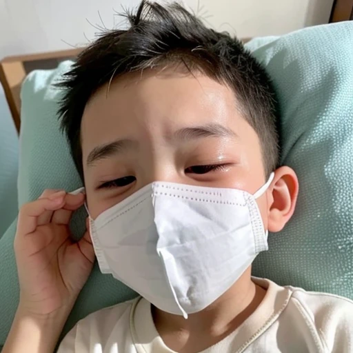Handsome kindergarten boy with infectious disease、Appearance of suffering. He is wearing a white mask. He has a high fever. he is sleeping. He has a cough. He is exhausted. He is taking his temperature with a thermometer. He is dying. He is cooling his forehead with a cooling gel sheet..Are crying