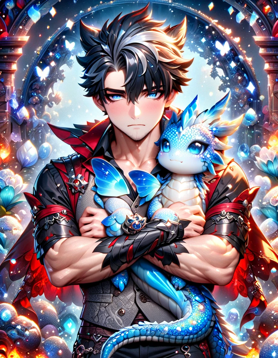 absurdres, highres, ultra detailed, HDR) master piece, best quality, Wriothesley, black hair, expressive blue eyes, genshin impact, sexy man, handsome, toned chest, black shirt, gray vest, red cape, with accessories, hugging a white small dragon, jewelry, patterns, magical fantasy, blue butterflies, glittering, sparkling, blue lilies, petals, radiant