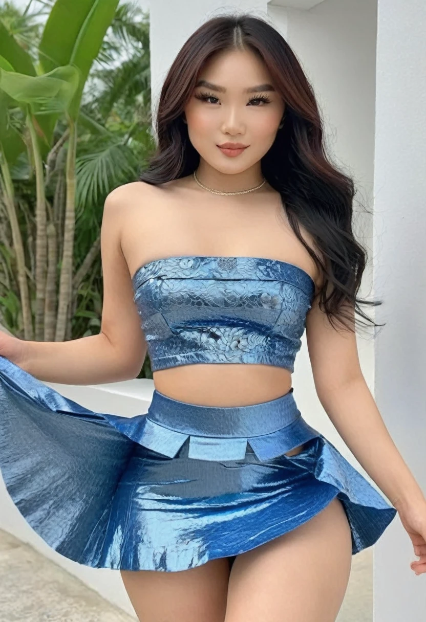 (best high quality:1.5), obra de arte, ((8k)), extremely detailed, (High details:1.4), (Hotlexi woman), Solo, 24 year old Asian female, (micro-skirt and crop top strapless),