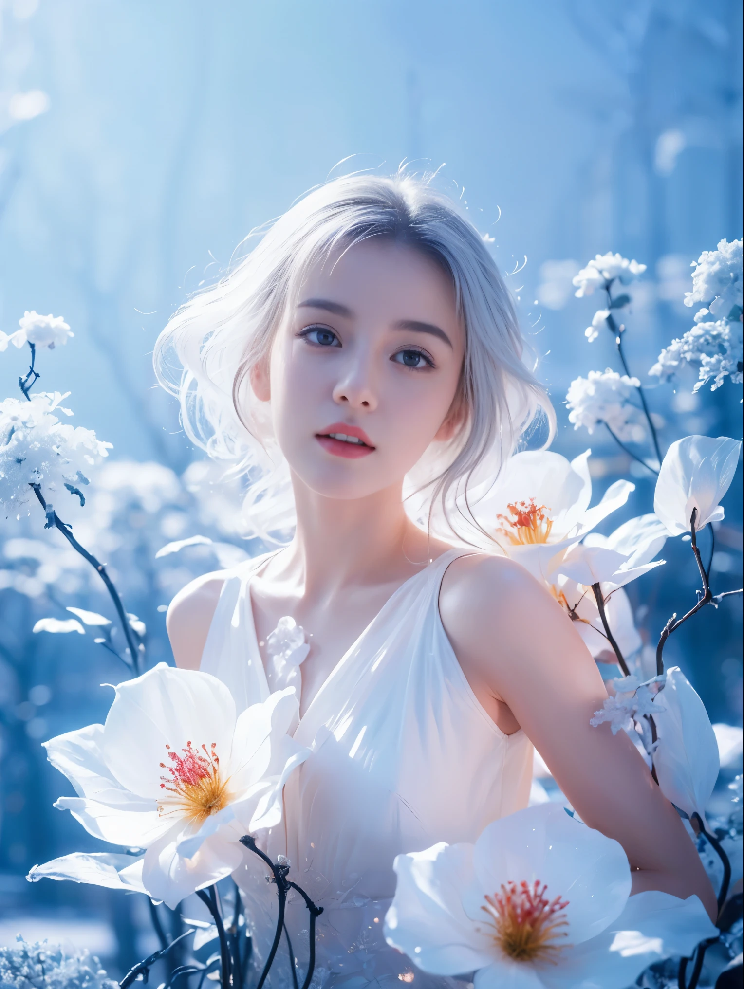 (((masterpiece))), best quality, illustration, 4k wallpaper, movie lighting, absurd, 1 girl,(snow,ice), Snow Flower, in winter, white hair, shiny hair, curls, transparent clothes, frills, lace, wet clothes, leave_Shoulder, hair tie,masterpiece, telephoto lens, absurd, Exquisite facial features,record,Poster composition,pose elegantly,,Natural light,soft light,(Seven-part combination) ,epic,Dreamy and magical,mystery