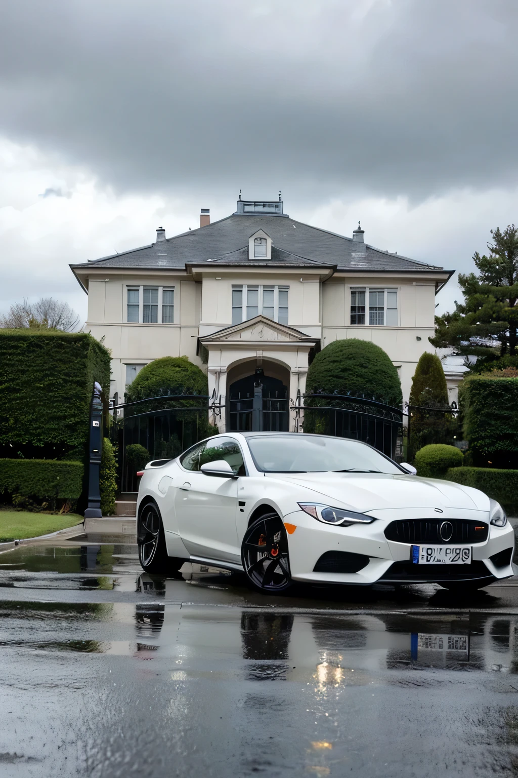 Suburban mansion exterior、A luxurious gate、Rainy weather、Gloomy sky、A sports car is parked in the parking lot、