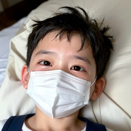 Handsome  with infectious disease、Appearance of suffering. He is wearing a white mask. He has a high fever. he is sleeping. He has a cough. He is exhausted. He is taking his temperature with a thermometer. He is dying. He is cooling his forehead with a cooling gel sheet..Are crying