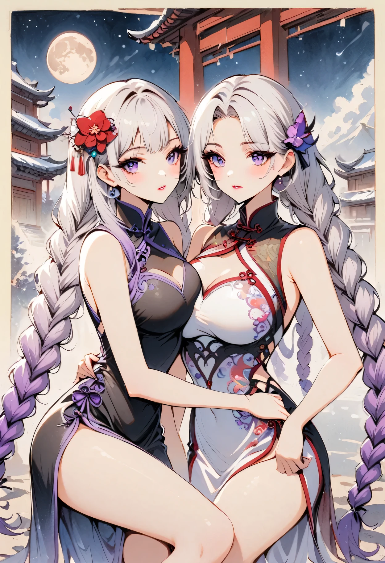 Retro Style, Chinese cheongsam sexy,High-end fashion,A couple of lovers staring at each other, yinji, purple hair, purple eyes, long hair, white hair, double braids, gradient hair,Fine details,Chic and stylish,Perfect makeup,Gorgeous expression,Beautiful and delicate eyes,Beautiful and delicate lips,Professional photography,colorful dress,Fashion Accessories,Brilliant jewelry,Luxurious fabrics,Elegant embroidery,Exquisite patterns,outdoor,(Chinese Architecture),traditional media, (moon: 1.2), Starry Sky, (Light Particles: 1.1), FOG , Snow Painting,