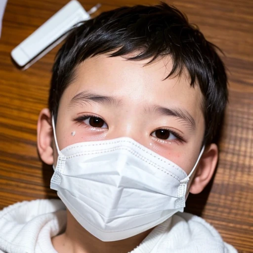 Handsome kindergarten boy with infectious disease、Appearance of suffering. He is wearing a white mask. He has a high fever. he is sleeping. He has a cough. He is exhausted. He is taking his temperature with a thermometer. He is dying. He is cooling his forehead with a cooling gel sheet..Are crying