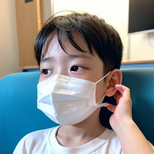 Handsome kindergarten boy with infectious disease、Appearance of suffering. He is wearing a white mask. He has a high fever. he is sleeping. He has a cough. He is exhausted. He is taking his temperature with a thermometer. He is dying. He is cooling his forehead with a cooling gel sheet..Are crying