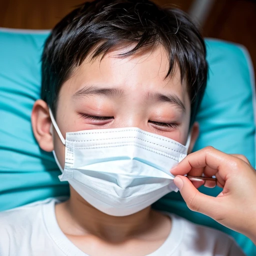 Handsome kindergarten boy with infectious disease、Appearance of suffering. He is wearing a white mask. He has a high fever. he is sleeping. He has a cough. He is exhausted. He is taking his temperature with a thermometer. He is dying. He is cooling his forehead with a cooling gel sheet..Are crying