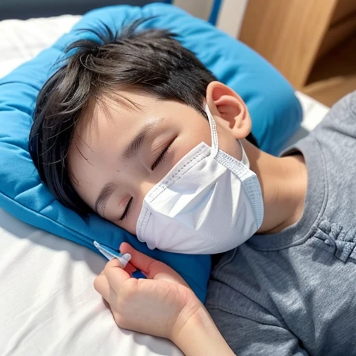 Handsome  with infectious disease、Appearance of suffering. He is wearing a white mask. He has a high fever. he is sleeping. He has a cough. He is exhausted. He is taking his temperature with a thermometer. He is dying. He is cooling his forehead with a cooling gel sheet..Are crying