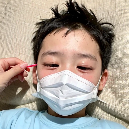 Handsome kindergarten boy with infectious disease、Appearance of suffering. He is wearing a white mask. He has a high fever. he is sleeping. He has a cough. He is exhausted. He is taking his temperature with a thermometer. He is dying. He is cooling his forehead with a cooling gel sheet..Are crying
