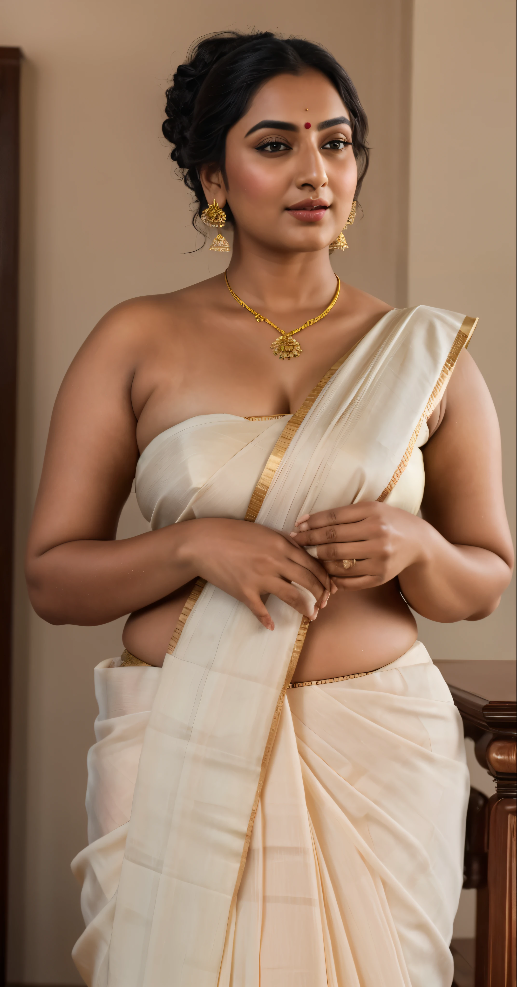 Foto RAW, photorealistic, photography, full body shot, master shot, perfect eyes, goddess like beauty, pierced eyes, perfect thick chubby mallu Desi aunty bhabhi, Wearing a Stanapatta, a chest-band.Saree model, model Photography, Indian saree shoot, Indian traditional wear advertising photography, traditional wear brand shoot, face of Indian actress Sonakshi Sinha, masterpiece, realistic, realism, incredible details, pleasure, photorealism, detailed skin, skin pores, high contrast, photorealistic Artstation 8k HD digital art trend of high definition and detailed realistic skin texture, ultra detail, realistic skin texture, armature, best quality, ultra high definition, (photorealistic:1.4),, high resolution, detail, raw photo, sweat, Re sharp, by Lee Jefferies Nikon D850 Film Stock Photo 4 Kodak Portra 400 Camera F1.6 Lens Rich Color Ultra Real Realistic Realistic Textures Dramatic Lighting Unreal Engine Trending at Art Station Cinestill 800,(pele altamente detalhada: 1.2), 8k UHD, DSLR, soft-lighting, alta qualidade, grain of film, Fujifilm XT3,she didn't like to wear blouse or bra, she is happy to wear only saree, she hates blouse or bra, detailed hairy armpits, hyper realistic skin, skin pores, sweat, veins,