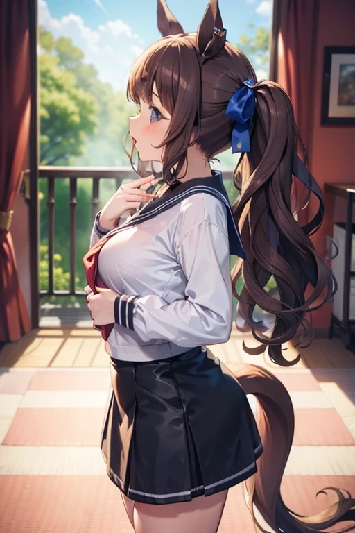 tosen jordan \(umamusume\), {best quality}, {very aesthetic}, {ultra-detailed}, {best illustration}, nsfw, 1girl, 1man, sex, standing doggy, from side