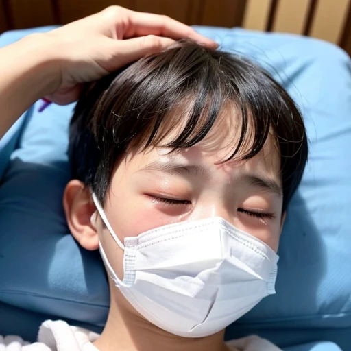 Handsome kindergarten boy with infectious disease、Appearance of suffering. He is wearing a white mask. He has a high fever. he is sleeping. He has a cough. He is exhausted. He is taking his temperature with a thermometer. He is dying. He is cooling his forehead with a cooling gel sheet..Are crying