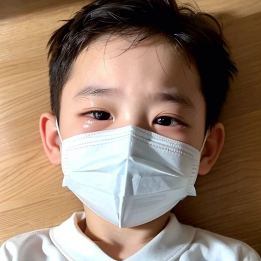 Handsome  with infectious disease、Appearance of suffering. He is wearing a white mask. He has a high fever. he is sleeping. He has a cough. He is exhausted. He is taking his temperature with a thermometer. He is dying. He is cooling his forehead with a cooling gel sheet..Are crying