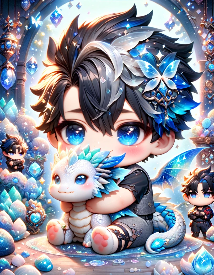 absurdres, highres, ultra detailed, HDR) master piece, best quality, Wriothesley chibi, black hair, expressive blue eyes, genshin impact, boy, cute, black shirt, gray vest, with accessories, hugging a white small dragon, jewelry, patterns, magical fantasy, blue butterflies, glittering, sparkling, blue lilies, petals, radiant